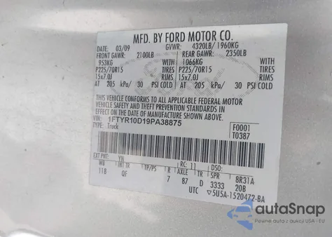 2009 Ford Ranger Sport/Xl/Xlt из США, поврежденный, VIN 1FTYR10D19PA38875